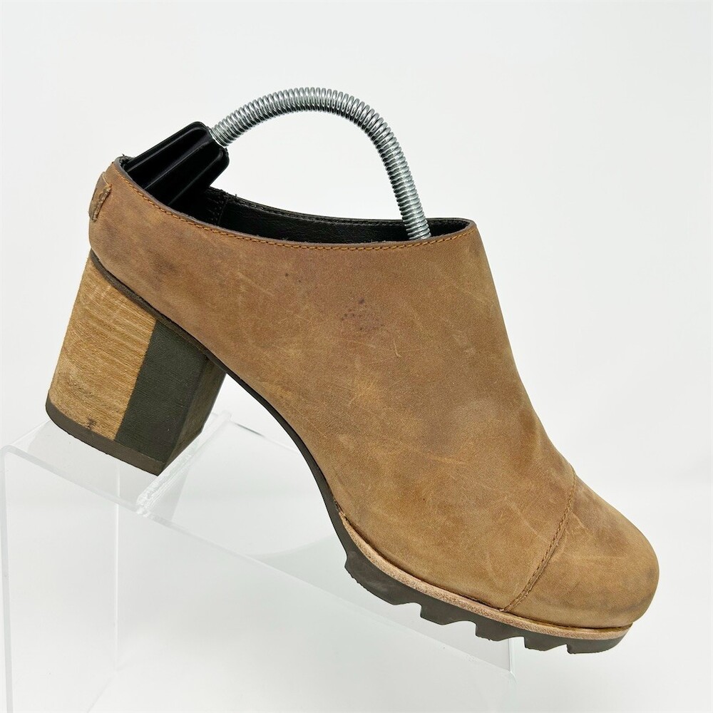 Sorel Womens Brown Mule Booties Chunky Block Heel Lug Sole Slip-On Size 11
